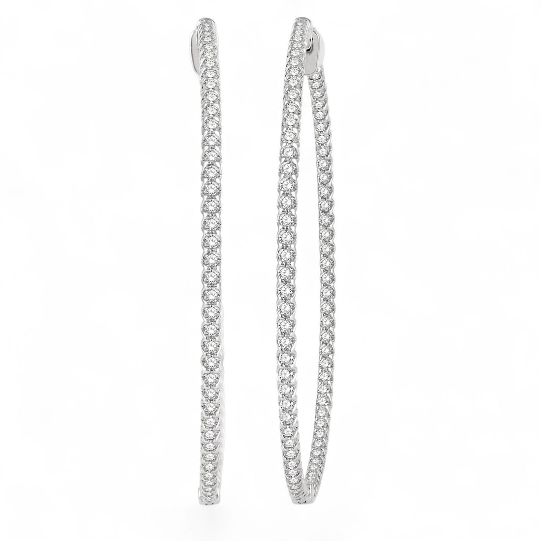 3.04 Ctw Inside-Out Hoop White Diamond Modern 14K White Gold Earrings - Certified: A symphony of light and color, this stunning Inside-Out Hoop pair of earrings featuring Natural Diamonds embodies the pinnacle of luxury. The gemstones are nestled within a Prong framework, supported 