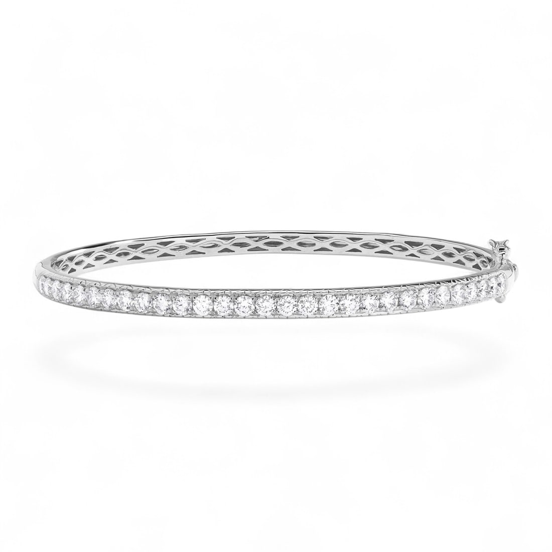 2.03 Ctw Timeless Bangle Diamond Modern 18K White Gold Bracelet - Certified: Rare and radiant, this stunning Timeless Bangle bracelet featuring Natural Diamonds offers a touch of the extraordinary. Showcasing the gems in a Shared Prong arrangement, the bracelet consists of 12.
