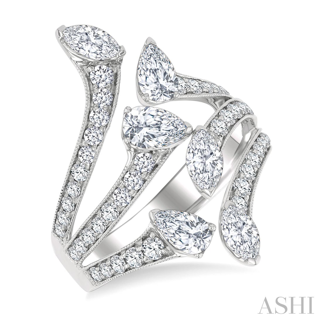 2.25 ctw Diamond Bypass Open Ring in 14K White Gold: Rare and radiant, this magnificent Bypass ring featuring White Diamond offers a touch of the extraordinary. Crafted with precision, the Bypass setting is seamlessly integrated into 5.95 grams of 14K W