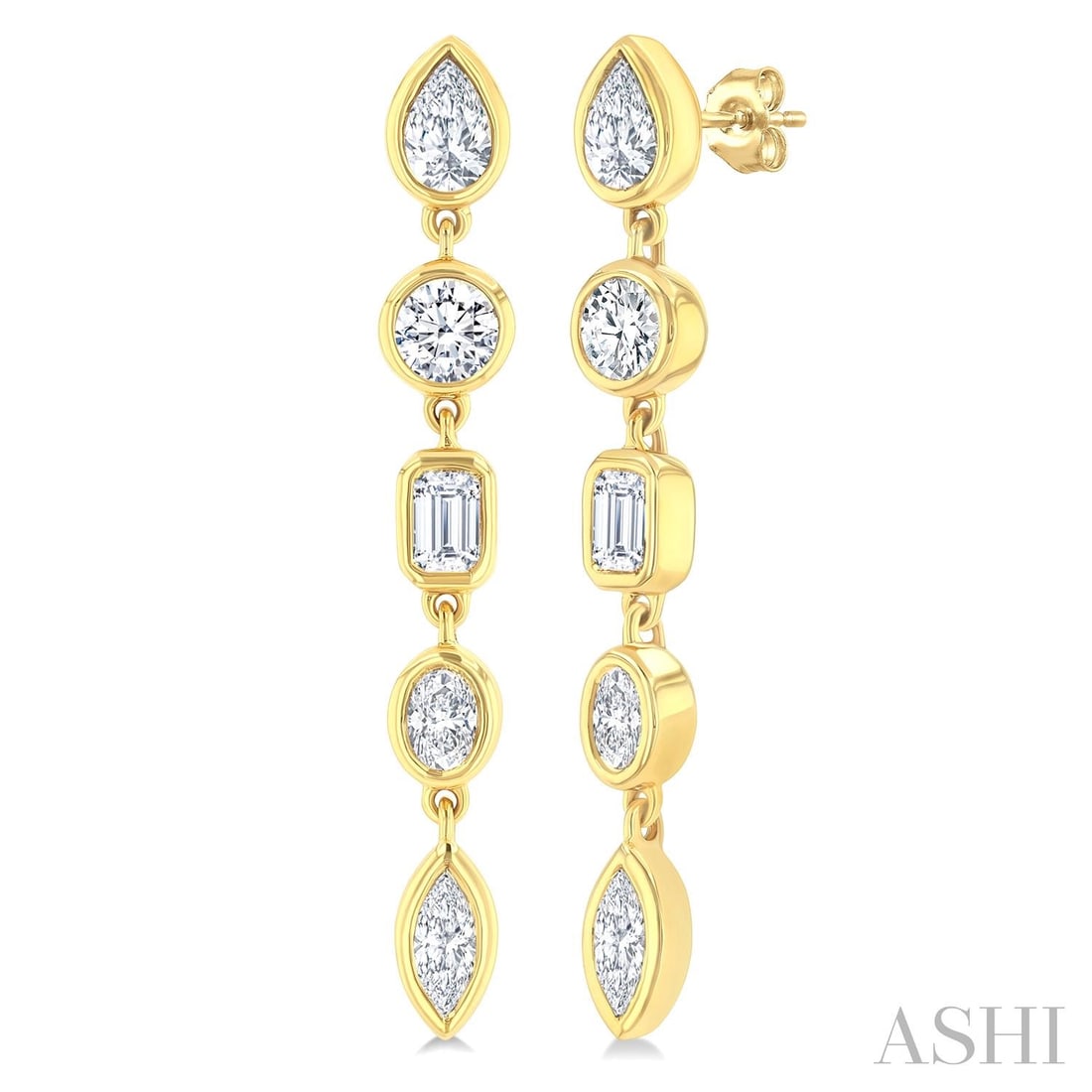 1.0 ctw Mixed Fancy Shape Diamond Bezel Set 14K Yellow Gold Earrings: A symphony of light and color, this breathtaking Linear Drop pair of earrings featuring Natural Diamonds embodies the pinnacle of luxury. Securely held in a classic Bezel Set Linear Drop design, the e