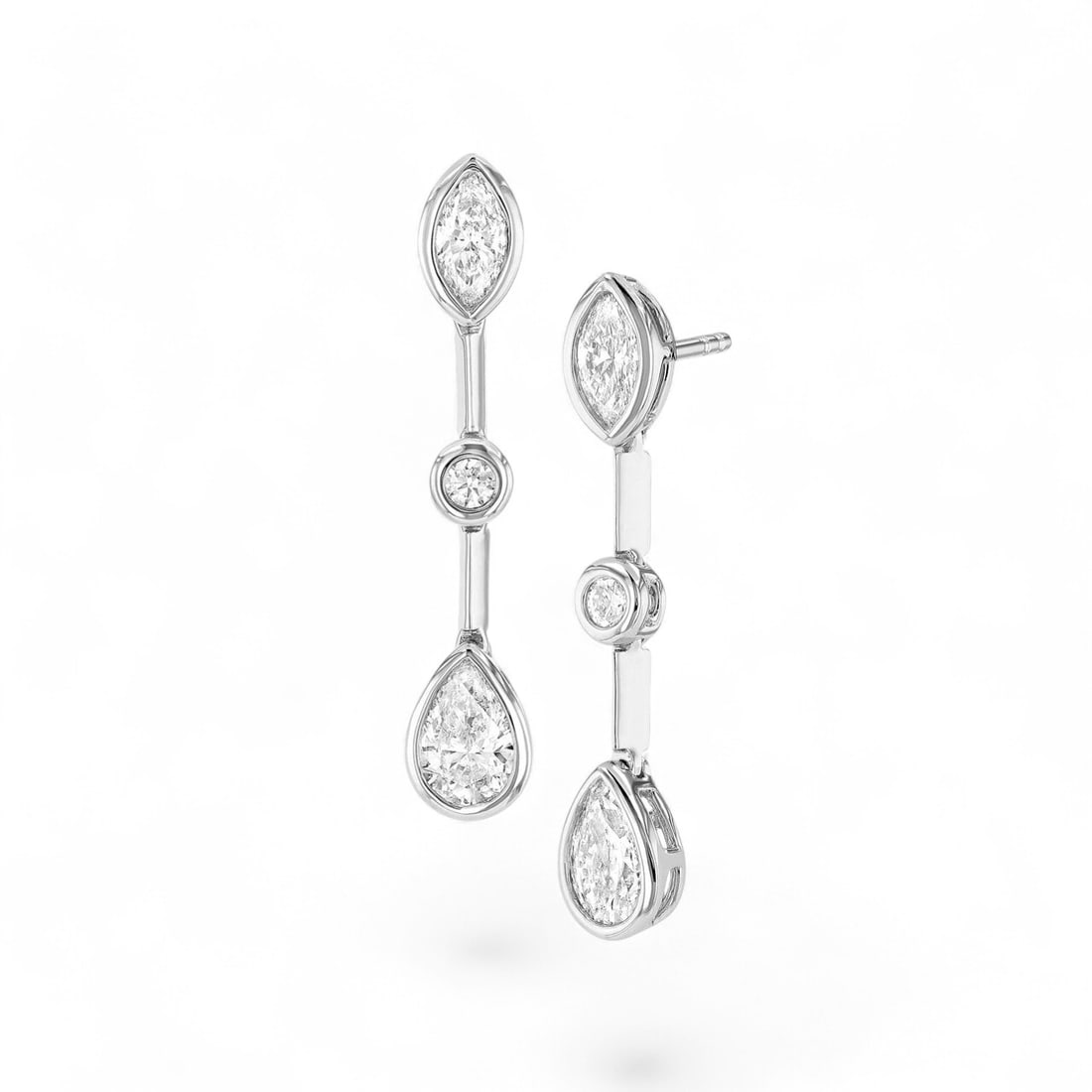 1.45 Ctw Duchess Bar Marquise Round Pear White Diamond Modern 18K White Gold Earrings - Certified (1 of 3)