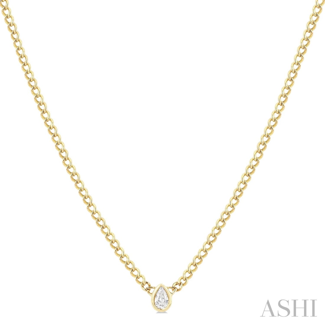 0.20 ctw Pear Cut Diamond Bezel Set Curb Link 14K Yellow Gold Necklace: Captured in a moment of brilliance, this exquisite Curb Link Fashion Necklace featuring White Diamond speaks to the connoisseur. Expertly mounted in a Bezel setting, the necklace is crafted in 0.4 gra