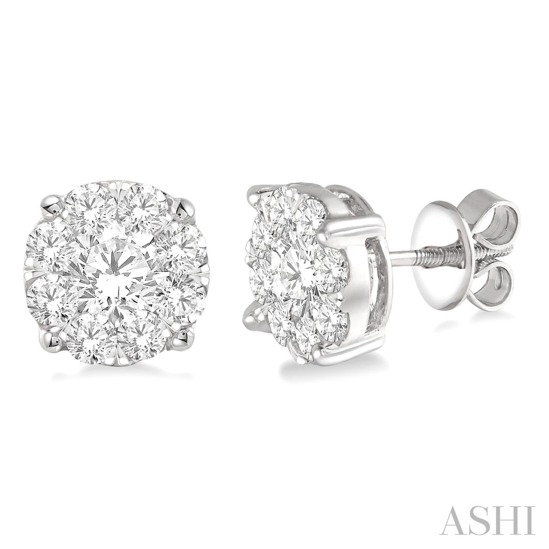 2.08 ctw Diamond Cluster 14K White Gold Stud Earrings: Exuding opulence and grace, this exquisite Cluster pair of earrings featuring White Diamond is crafted for the distinguished. Showcasing the gems in a Cluster arrangement, the earrings consists of 4.3