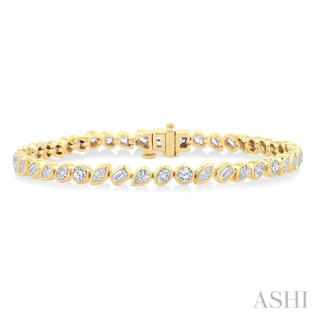 4.05 ctw Mixed Cut Diamond Fashion Tennis Bracelet 14K Yellow Gold: Exuding opulence and grace, this exquisite Mixed Fancy Shapes Link Bracelet featuring White Diamond is crafted for the distinguished. Showcasing the gems in a Bezel arrangement, the bracelet consists 
