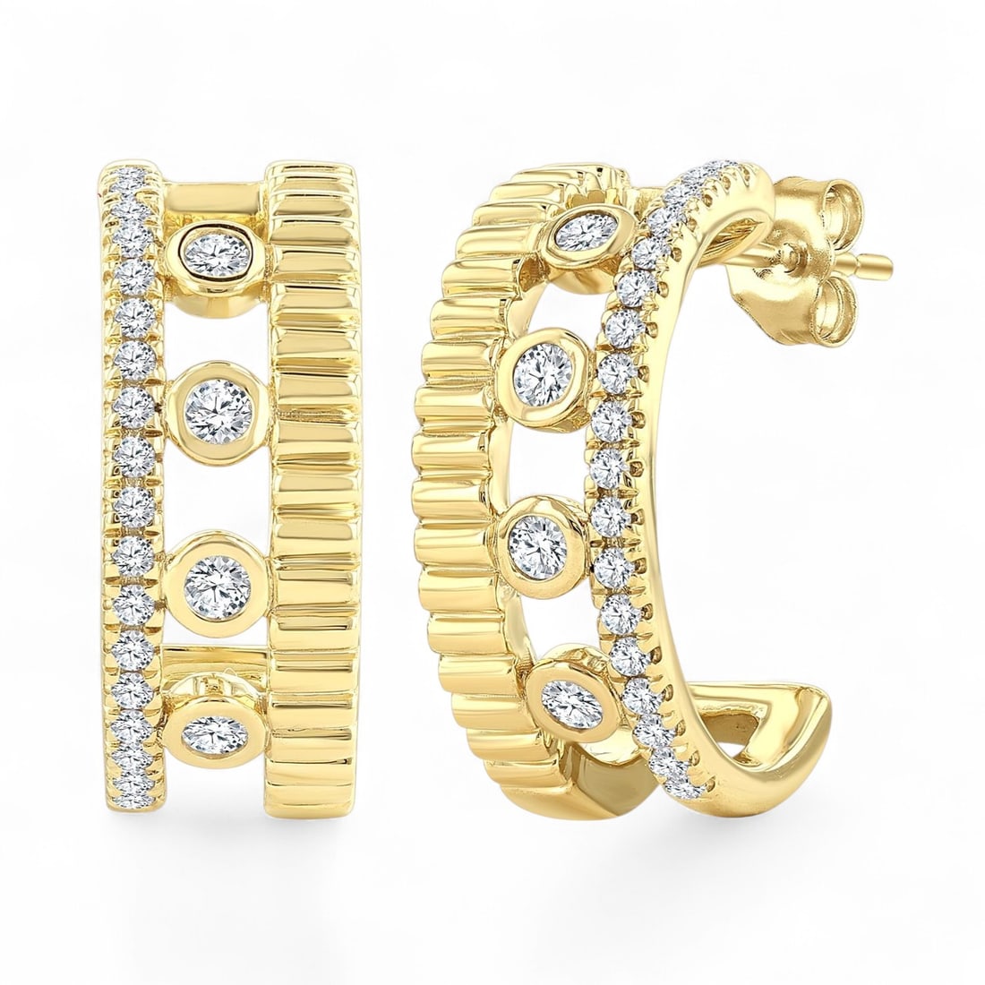 0.19 Ctw Bold Fluted Half Hoop White Diamond Modern 10K Yellow Gold Earrings - Certified: Rare and radiant, this stunning Bold Fluted Half Hoop pair of earrings featuring Natural Diamonds offers a touch of the extraordinary. A detailed Bezel and Prong Set gallery secures the stones, render