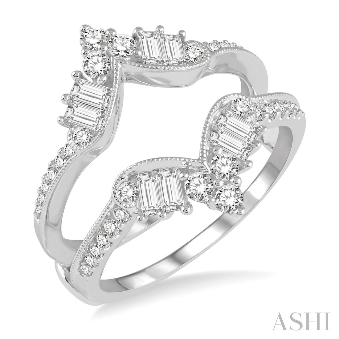 0.82 ctw Baguette and Round Diamond 14K White Gold Insert Ring: Epitomizing grandeur, this magnificent Chevron Center ring featuring Natural Diamonds stands as a beacon of refined taste. A detailed Insert/Enhancer gallery secures the stones, rendered in 4.25 grams