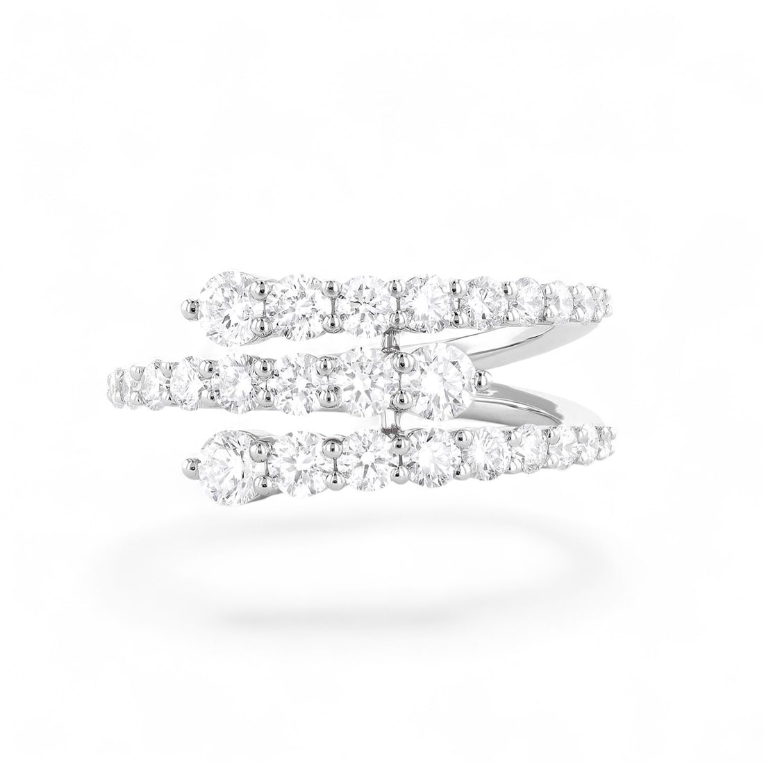 1.55 Ctw Triple Row Split Shank Band White Diamond Modern 18K White Gold Ring - Certified: Rare and radiant, this magnificent Triple Row Split Shank Band ring featuring Natural Diamonds offers a touch of the extraordinary. A detailed Shared Prong gallery secures the stones, rendered in 4.9 