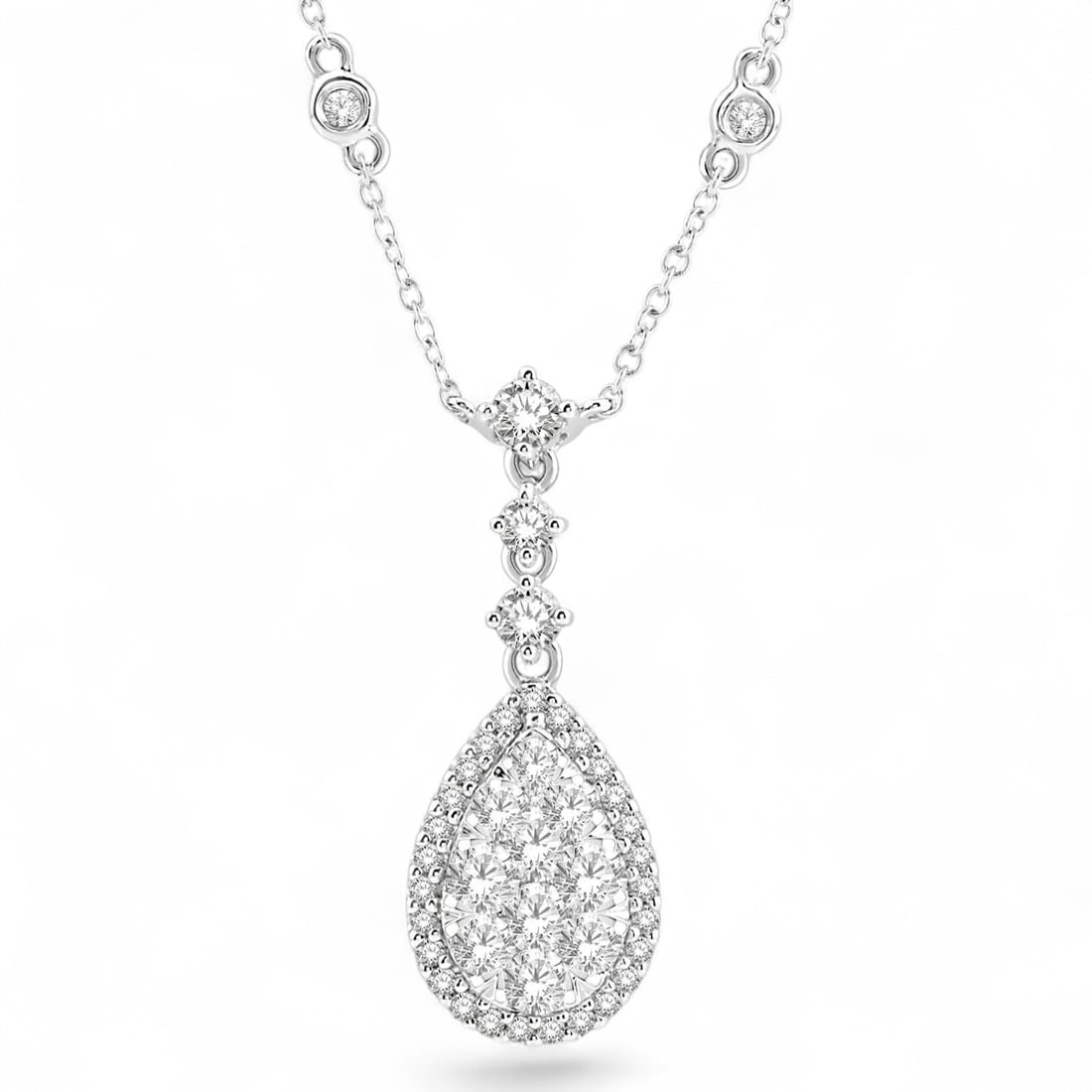 0.96 Ctw Pear Shape Cluster Diamond Modern 14K White Gold Necklace - Certified: Timeless and sophisticated, this stunning Pear Shape Cluster necklace featuring Natural Diamonds radiates enduring beauty. Securely held in a classic Cluster design, the necklace is forged from 2.0 gr