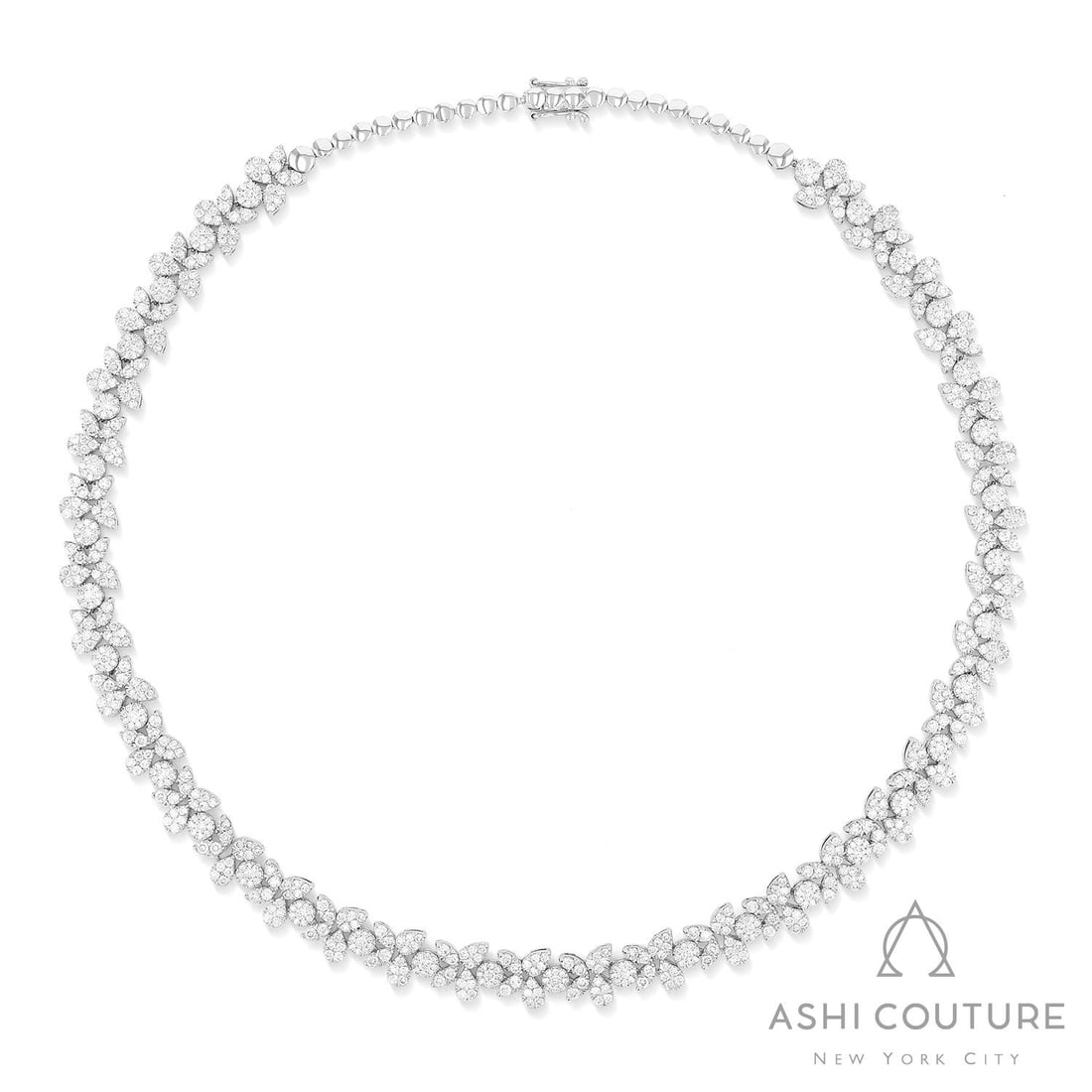Fiori Floral 9.07 ctw White Diamond Cluster 18K White Gold Necklace: Exuding opulence and grace, this breathtaking Fiori Floral Riviera necklace featuring White Diamonds is crafted for the distinguished. Crafted with precision, the Cluster setting is seamlessly integra