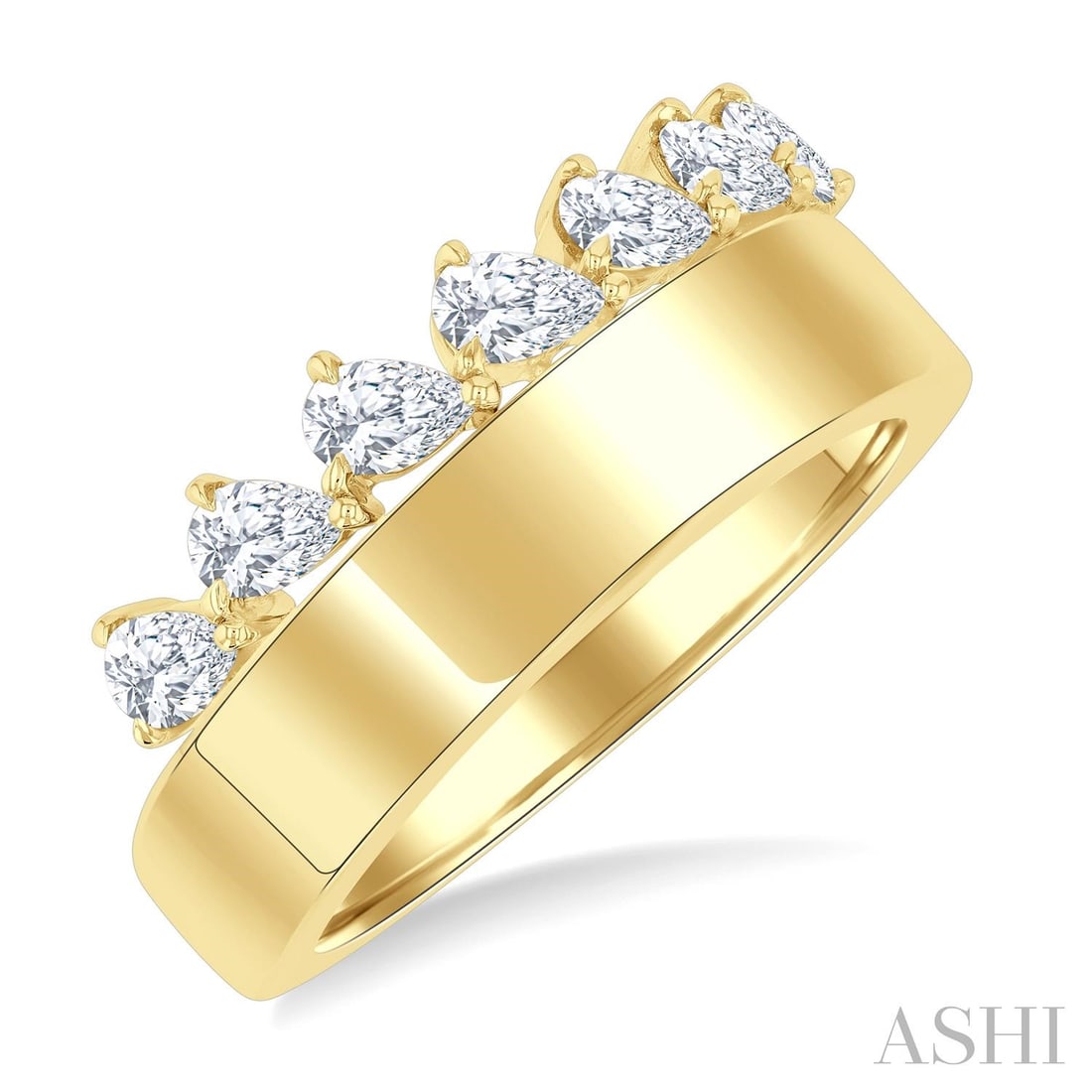 0.67 ctw Pear Cut Diamond Bold Wide Band 14K Yellow Gold Ring: A vision of luxury, this magnificent Wide Band ring featuring White Diamond defines sophistication. Securely held in a classic Band design, the ring is forged from 4.35 grams of high-polish 14K Yellow