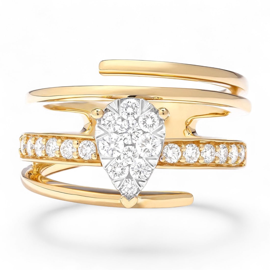 0.62 Ctw Fiori Pear Intertwined Cluster White Diamond Modern 18K Yellow & White Gold Ring -: Captured in a moment of brilliance, this magnificent Fiori Pear Intertwined Cluster ring featuring Natural Diamonds speaks to the connoisseur. The gemstones are nestled within a Cluster framework, sup
