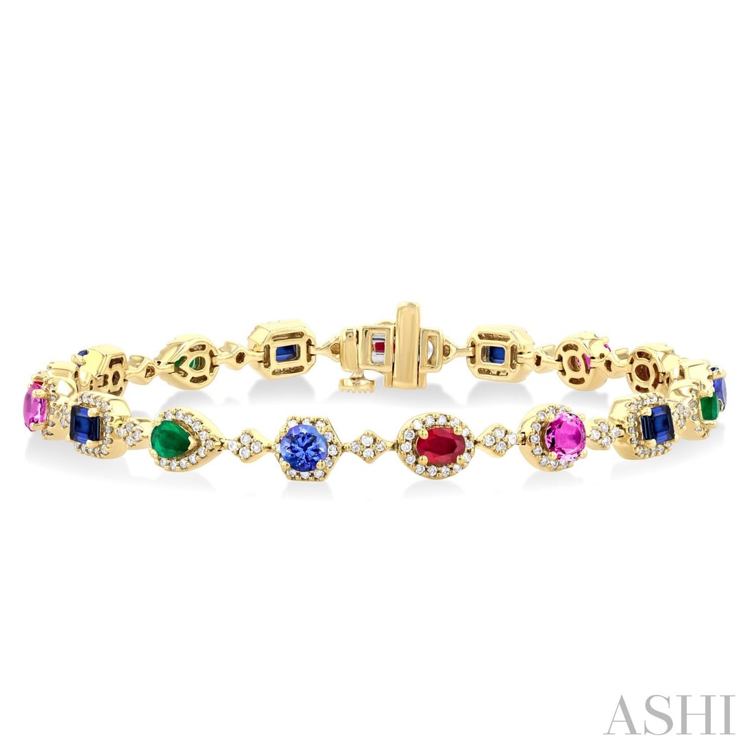 Multi-Gemstone Rainbow and 1.03 ctw Diamond 14K Yellow Gold Tennis Bracelet: A symphony of light and color, this stunning Halo bracelet featuring Ruby, Blue Sapphire, Emerald, Tanzanite, Pink Sapphire, and White Diamond embodies the pinnacle of luxury. Securely held in a class