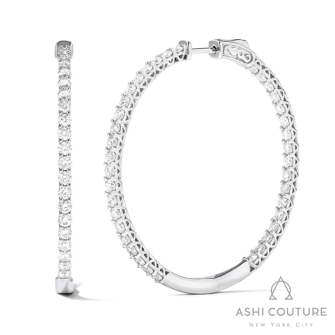 Duchess Classic 3.53 ctw White Diamond 18K White Gold Hoop Earrings: An exquisite masterpiece of haute joaillerie, this breathtaking Classic pair of earrings featuring White Diamonds is a true treasure. Crafted with precision, the Shared Prong Setting is seamlessly int