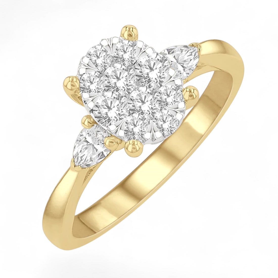 0.74 Ctw Cluster Engagement White Diamond Modern 14K Yellow And White Gold Ring - Certified: Epitomizing grandeur, this magnificent Cluster Engagement ring featuring Natural Diamonds stands as a beacon of refined taste. A detailed Three-Stone gallery secures the stones, rendered in 4.0 grams 