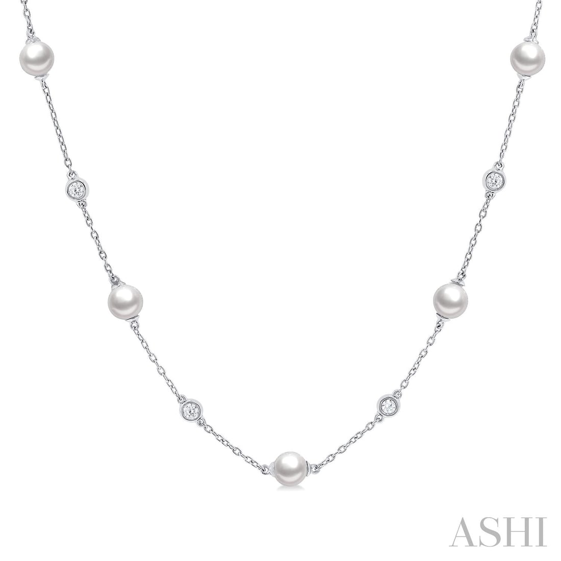 5mm Cultured Pearl and 0.26 ctw Diamond 14K White Gold Necklace: An exquisite masterpiece of haute joaillerie, this exquisite Station necklace featuring Cultured Pearl, White Diamond is a true treasure. A detailed Station gallery secures the stones, rendered in 2.3