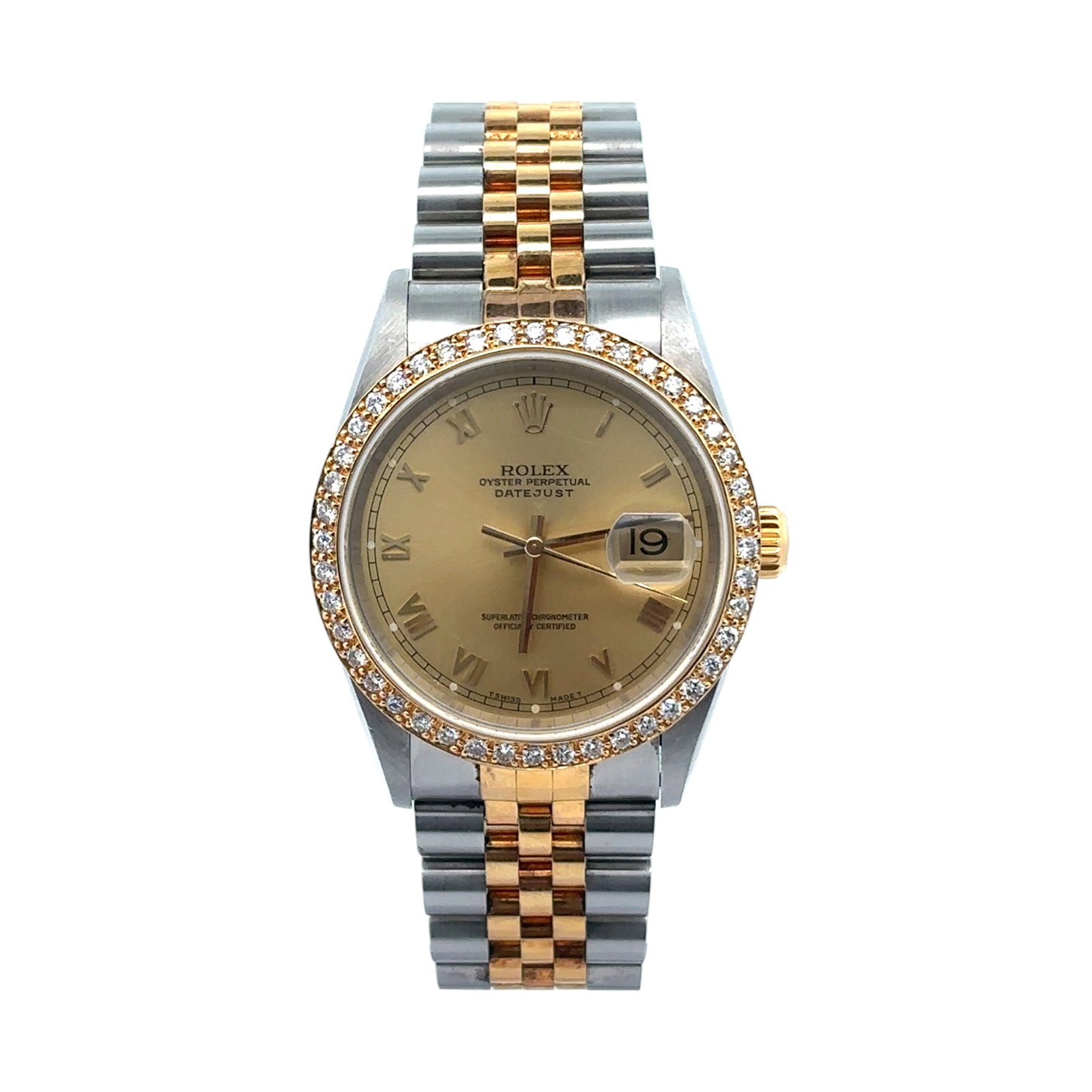 Rolex Datejust 16233 Two-Tone 36mm Champagne Roman Dial Custom Diamond Bezel Jubilee Watch: The Rolex Datejust, Reference 16233, is a timeless classic that has been elevated with bold customization. Housed in a 36mm two-tone case, this watch combines the robustness of stainless steel with th