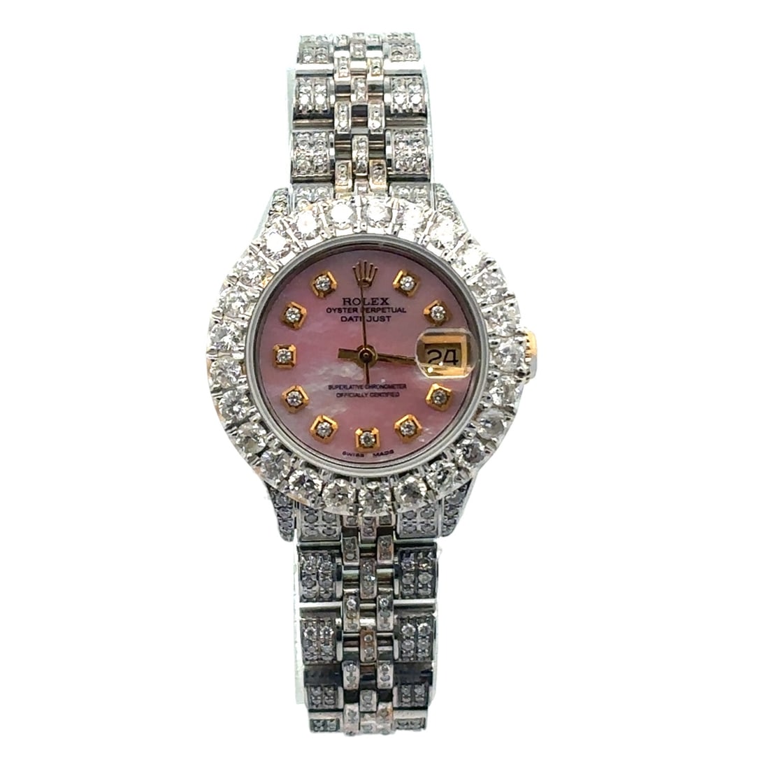 Rolex 6917 26mm Steel Aftermarket Diamond Bezel & Bracelet Pink Diamond Dial: This Rolex Reference 6917 presents a radiant and glamorous interpretation of a classic dress watch. Housed in an enduring stainless steel case, the timepiece is elevated by an aftermarket diamond-set 