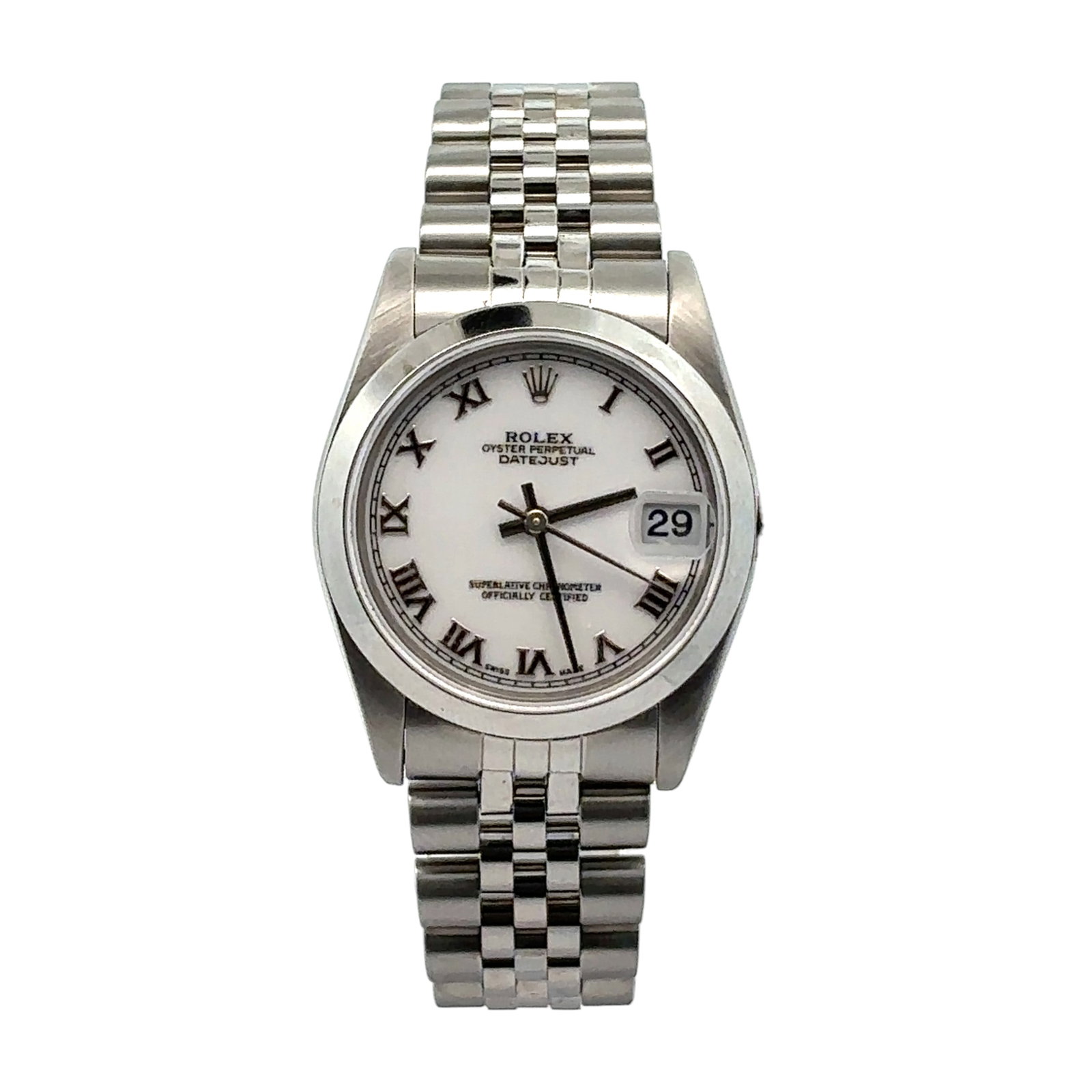 Rolex Datejust 31mm 78240 Stainless Steel White Roman Dial Jubilee: The Rolex Datejust 31mm, Reference 78240, is a refined and versatile timepiece. Crafted from stainless steel, it features a pristine white dial adorned with elegant Roman numeral hour markers, del