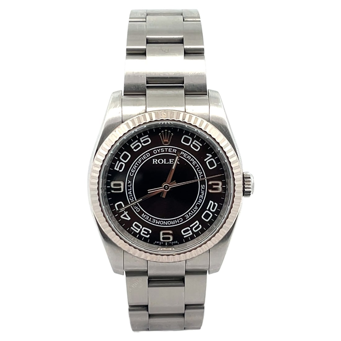 Rolex Oyster Perpetual 116034 Stainless Steel Black Dial: The Rolex Oyster Perpetual, Reference 116034, exemplifies understated elegance and legendary robustness. Crafted in stainless steel, this timepiece features a captivating black sportive dial, deli
