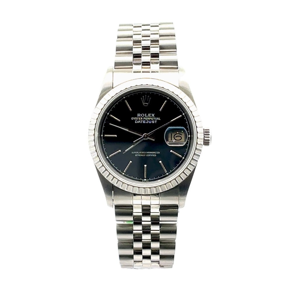 Rolex Datejust 16233 36mm Steel & 18K Yellow Gold Black Dial Jubilee: The Rolex Datejust, Reference 16233, is a pinnacle of understated luxury. The 36mm case is expertly fashioned from a harmonious combination of stainless steel and 18K yellow gold. The striking