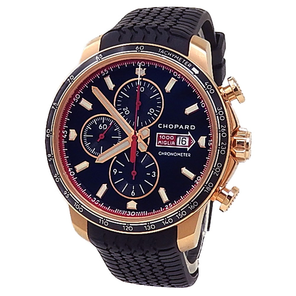 Chopard Mille Miglia GTS Chronograph 161293-5001 18k Rose Gold Black Dial: The Chopard Mille Miglia GTS Chronograph, Reference 161293-5001, is a superb blending of classic motorsport heritage and contemporary luxury. Masterfully crafted from 18k rose gold, the commanding 44m