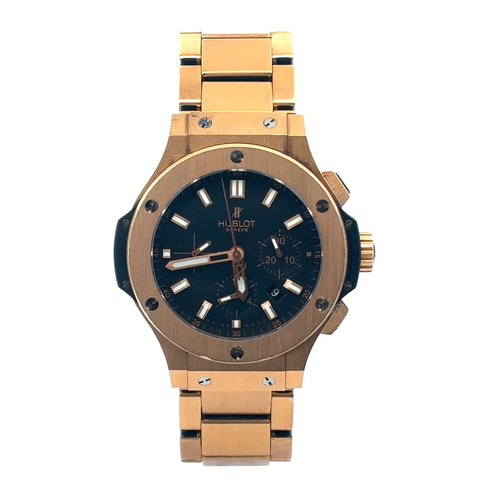 Hublot Big Bang Chronograph 301.PX.1180.PX 18K Gold Black Dial: The Hublot Big Bang Chronograph, Reference 301.PX.1180.PX, is a bold expression of modern luxury. Crafted in exquisite 18K gold, this timepiece features a striking black dial with three chronograp