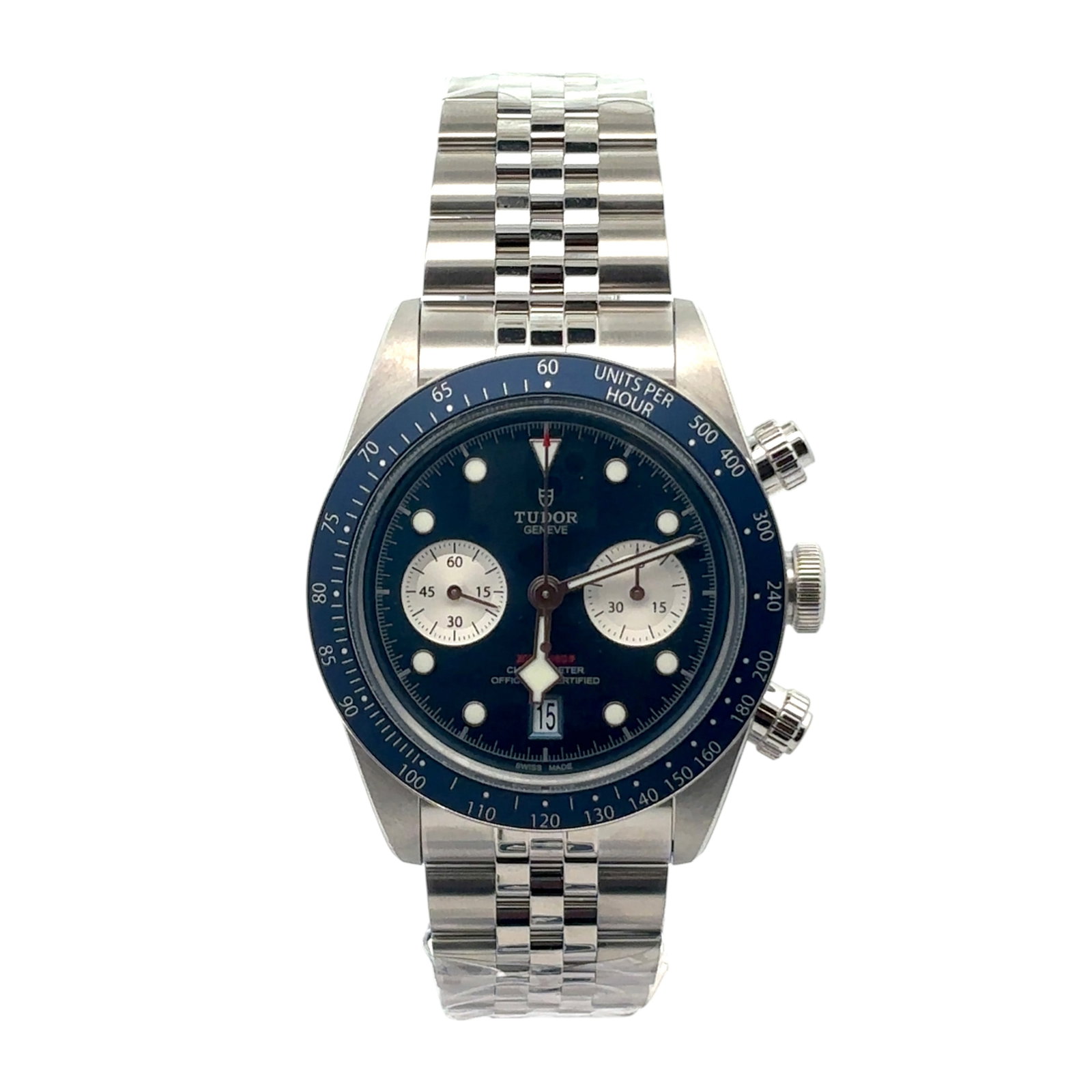 Tudor Black Bay Chrono 79360B Steel Blue Dial: The Tudor Black Bay Chrono, Reference 79360B, captures the spirit of a classic diver?s chronograph. Its robust stainless steel case is complemented by a striking blue anodized aluminum bezel and a