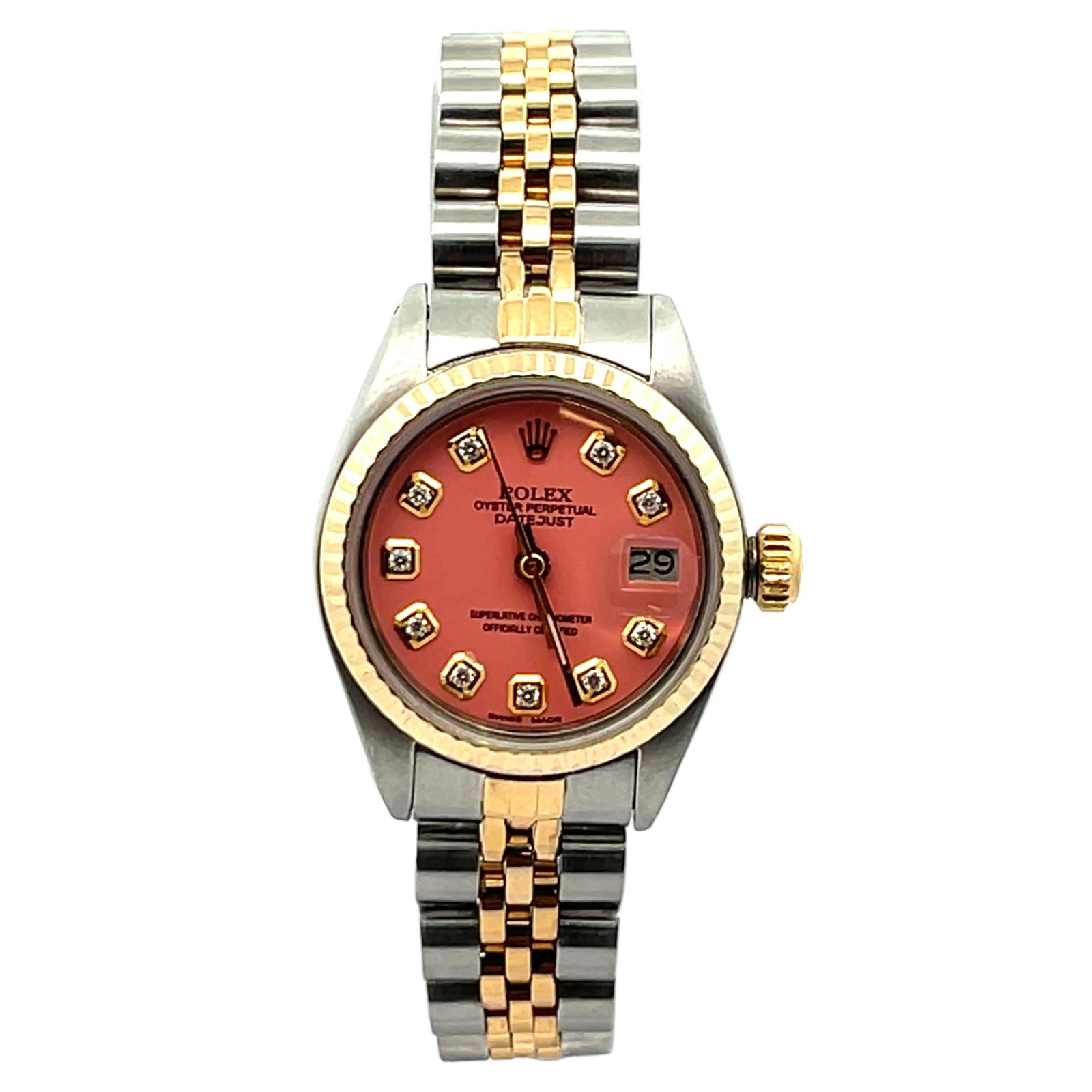 Rolex Datejust 6917 Two-Tone Hot Pink Diamond Dial: The Rolex Datejust, Reference 6917, is an exquisite expression of timeless refinement. Crafted in a harmonious two-tone combination of stainless steel and 18K yellow gold, this 26mm case exudes unders