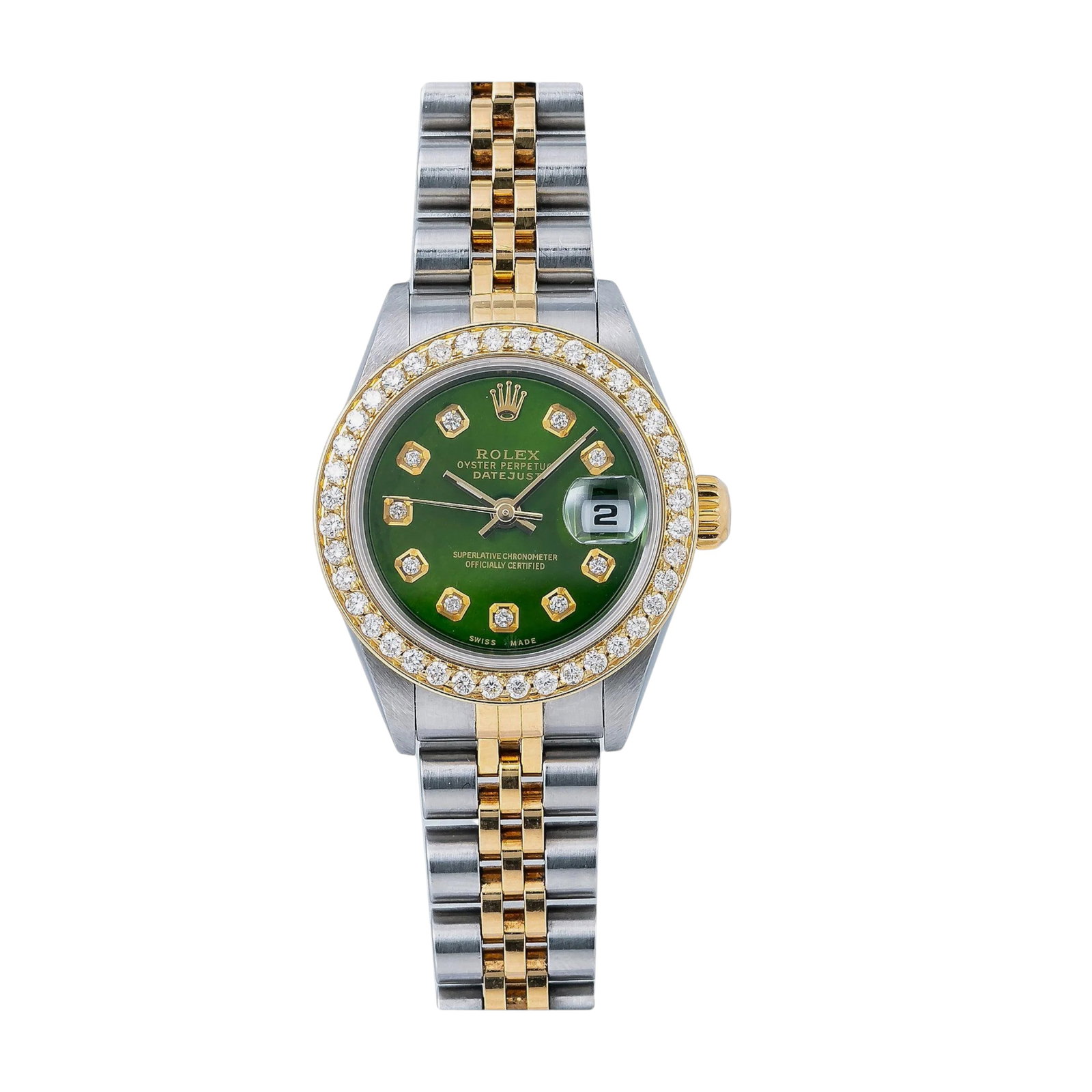 Rolex Lady-Date 6916 Two-Tone Green Diamond Dial & Diamond Bezel: The Rolex Lady-Date, Reference 6916, is a captivating blend of classic design and dazzling customization. Crafted from a robust yet elegant two-tone combination of stainless steel and 18k gold, this 2