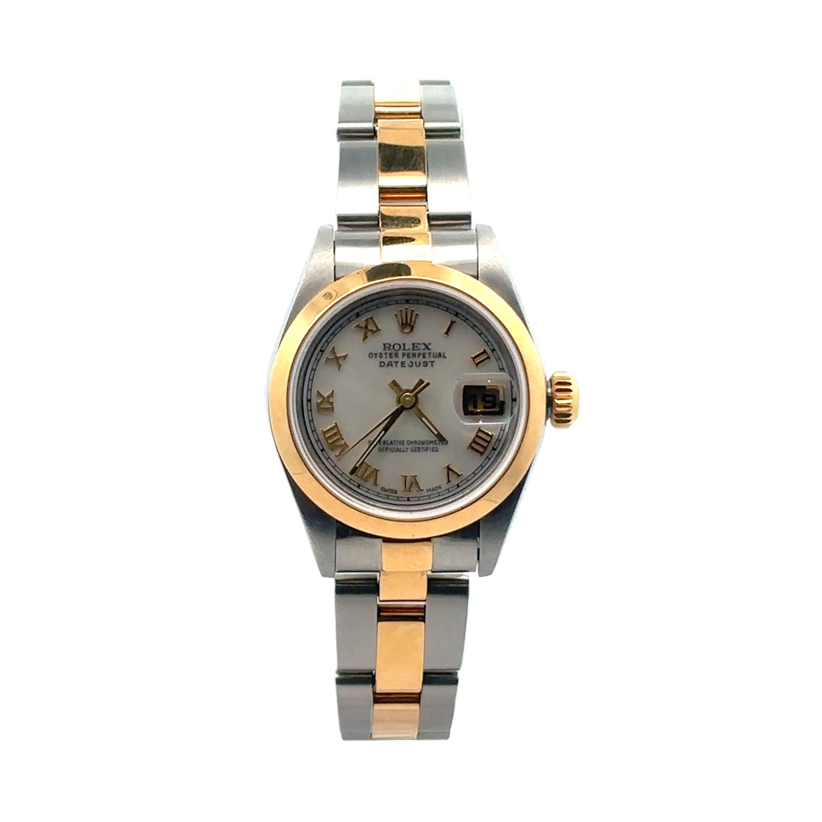 Rolex Datejust 26mm 79163 Steel & Yellow Gold MOP Diamond Ladies: The Rolex Datejust Ladies, Reference 79163, is an exquisite expression of elegance. Crafted in a stainless steel and 18k yellow gold Oyster case, it features a smooth domed 18k yellow gold bezel. The 