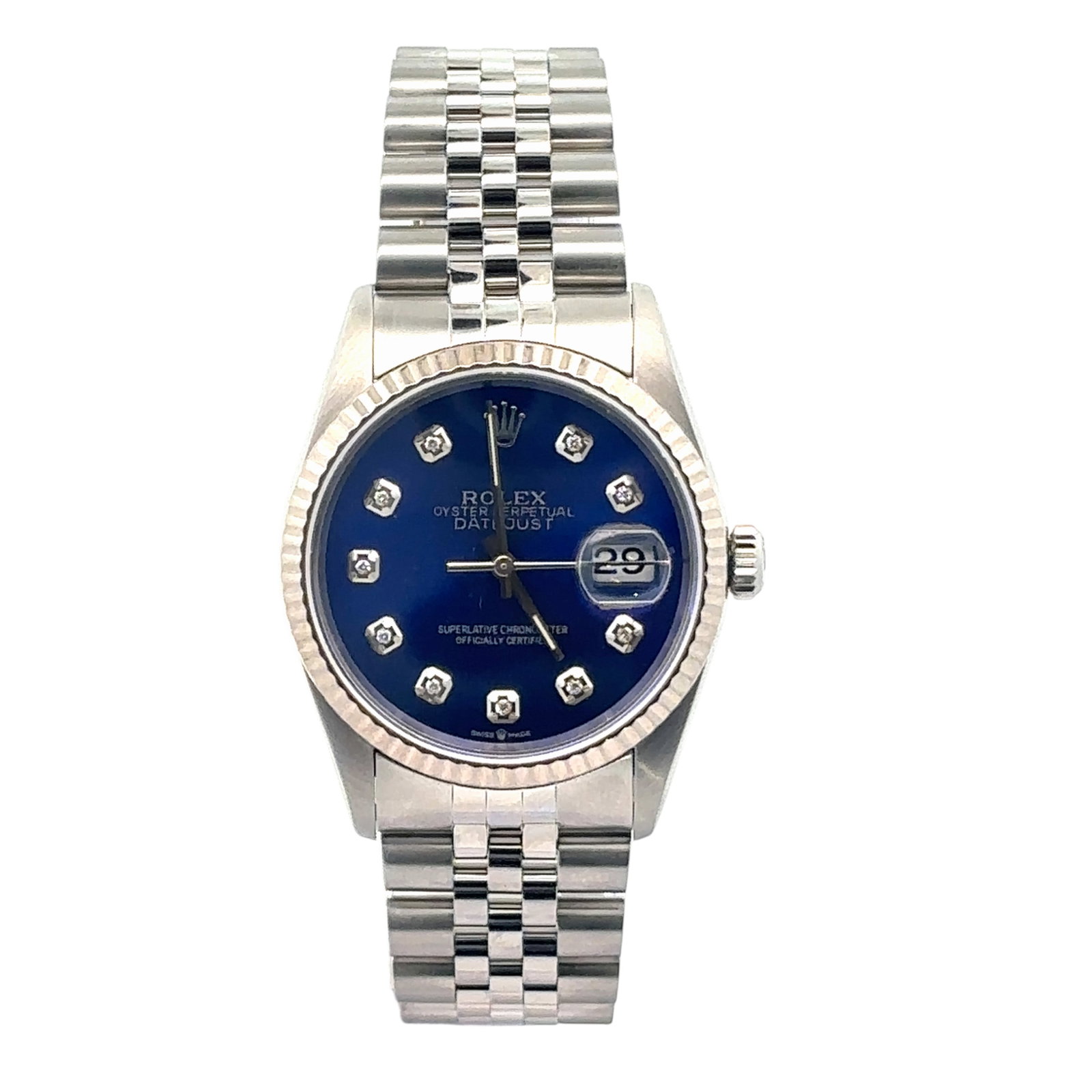 Rolex Datejust 16234 Stainless Steel Blue Diamond Dial: The Rolex Datejust, Reference 16234, is a refined blend of classic elegance and modern functionality. Crafted in robust stainless steel, this timepiece features a stunning custom blue diamond dial