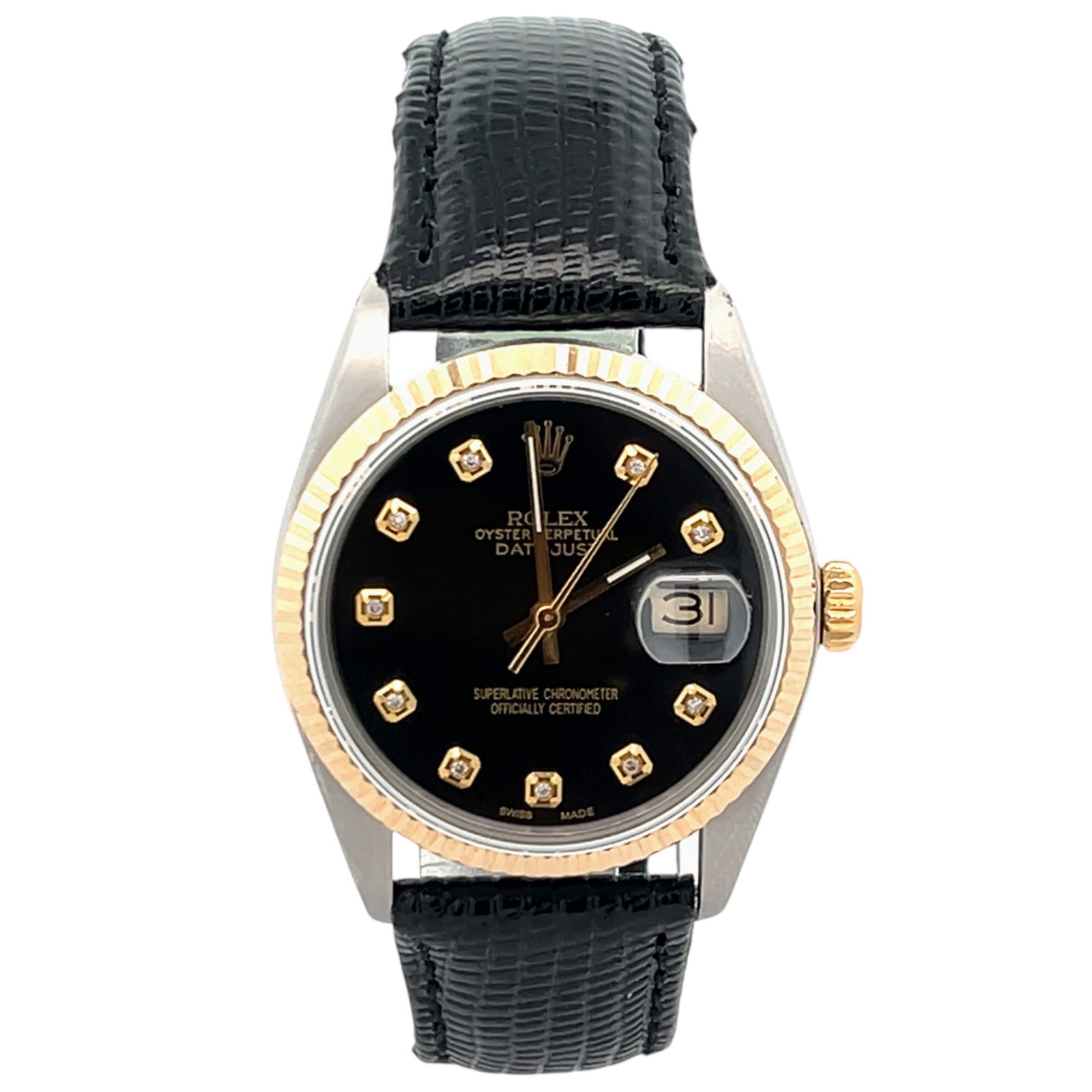 Rolex Datejust 16013 Two-Tone 36mm Black Diamond Dial: The Rolex Datejust, Reference 16013, is a classic expression of timeless elegance. Crafted in a two-tone stainless steel and 18k yellow gold case, this 36mm timepiece features a captivating black dial
