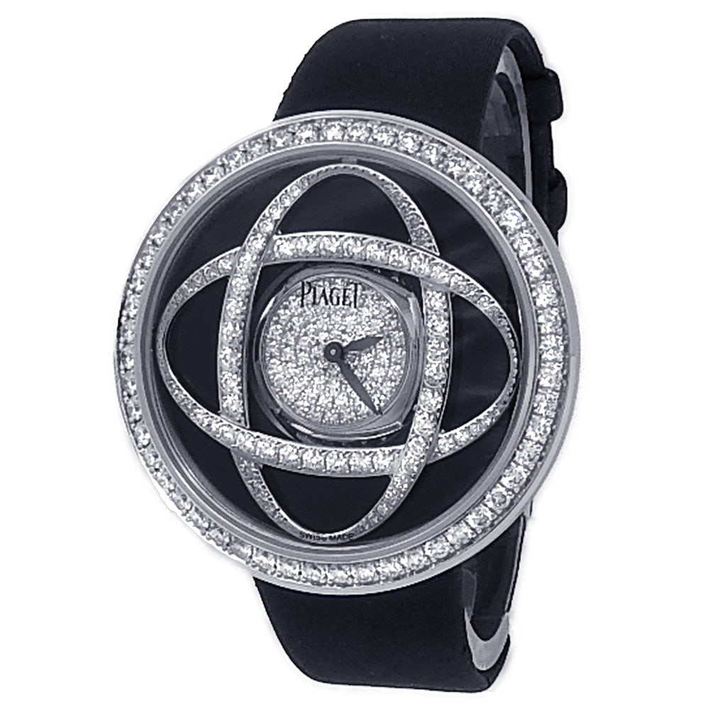 Piaget Limelight Jazz Party G0A35156 18k White Gold Black Diamond Dial: The Piaget Limelight Jazz Party, Reference G0A35156, is a masterpiece of aesthetics and horological jewelry design. Crafted in 18k white gold, this captivating timepiece features a striking black dial