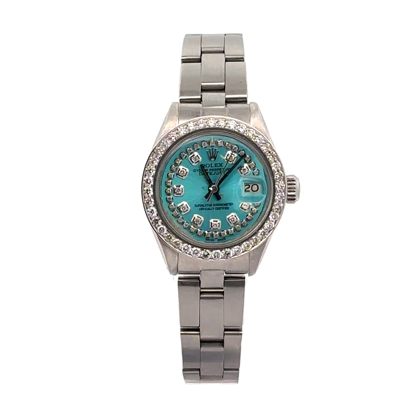 Rolex Lady-Date 6916 Stainless Steel Aqua Diamond Dial & Diamond Bezel: The Rolex Oyster Perpetual Lady-Date, Reference 6916, is a captivating fusion of classic design and custom elegance. This timepiece is crafted from stainless steel and features a mesmerizing custom aq