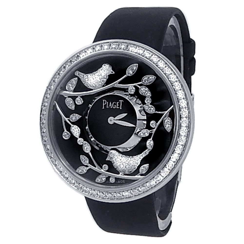 Piaget Limelight Garden Party G0A36169 18k White Gold Black Dial: The Piaget Limelight Garden Party, Reference G0A36169, is an exquisite fusion of high horology and jewelry design. Crafted from lustrous 18k white gold, this magnificent ladies' timepiece features a c