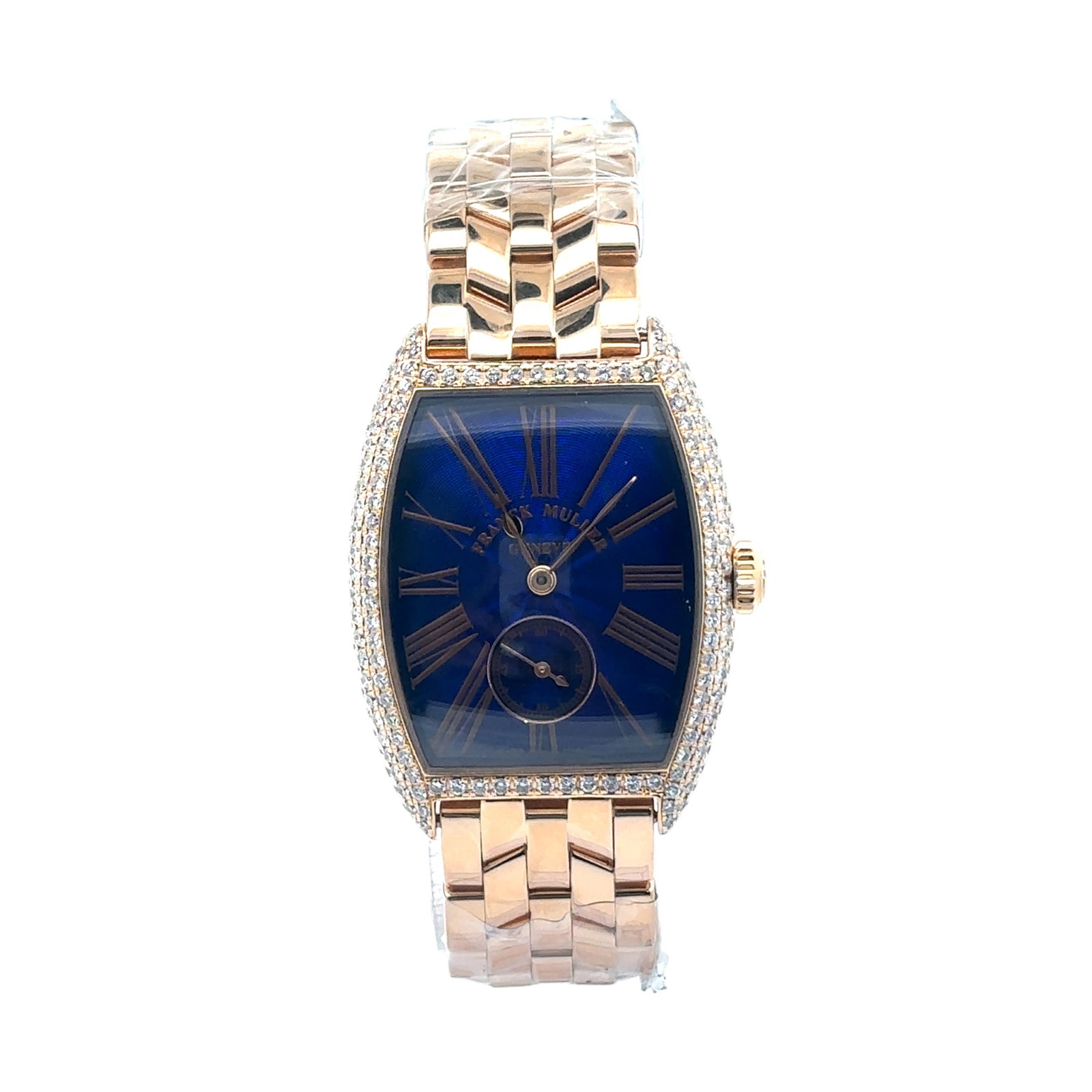 Franck Muller 2500QZD 18K Yellow Gold Diamond Bezel Blue Dial: The Franck Muller 2500QZD, crafted in opulent 18K yellow gold, is a dazzling expression of horological artistry. The case is lavishly embellished with an original diamond-set bezel, while the stunning