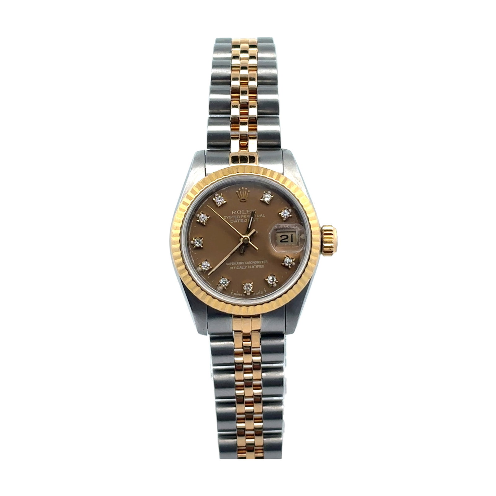 Rolex Lady-Datejust 69173 Two-Tone Brown Diamond Dial: The Rolex Lady-Datejust, Reference 69173, is a timeless expression of feminine elegance. Crafted from a harmonious blend of stainless steel and yellow gold, this Two-Tone timepiece features a beautifu
