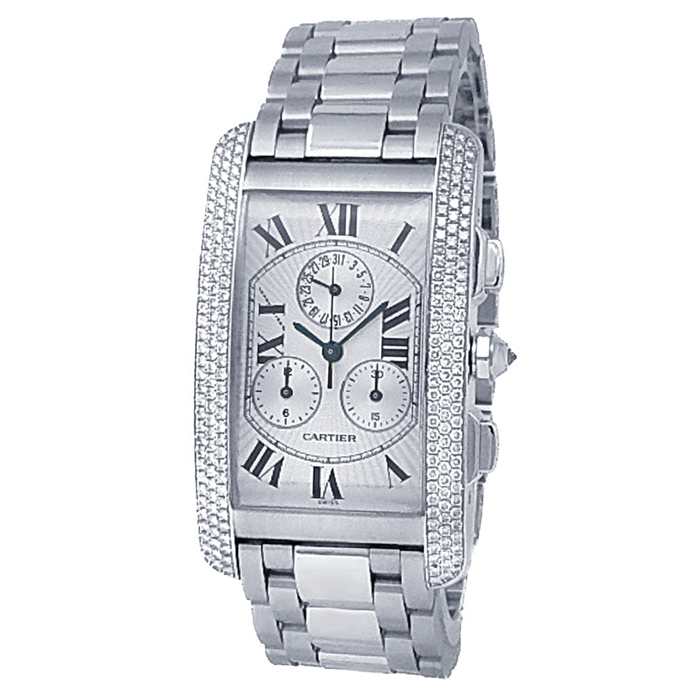 Cartier Tank Americaine Chronograph WB704251 18k White Gold Silver Dial: The Cartier Tank Americaine Chronograph, Reference WB704251, is a masterclass in classic elegance and modern design. Crafted in luxurious 18k white gold, the signature curved rectangular case is adorn