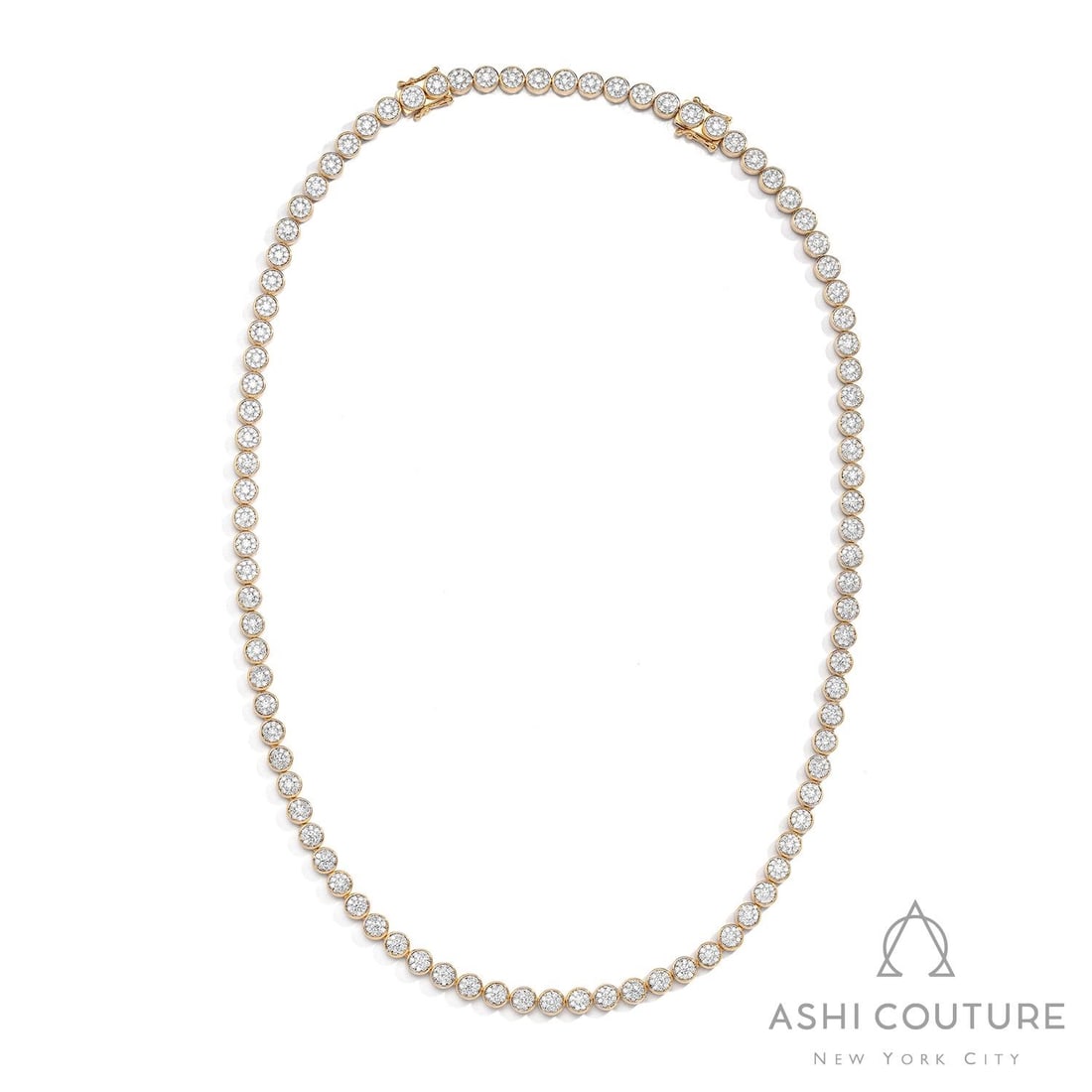 6.51 ctw White Diamond Cluster Tennis 18K Yellow & White Gold Necklace: Exuding opulence and grace, this elegant Cluster Bezel-Set necklace featuring Natural Diamonds is crafted for the distinguished. Crafted with precision, the Cluster/Bezel-Set Continuous Line setting i