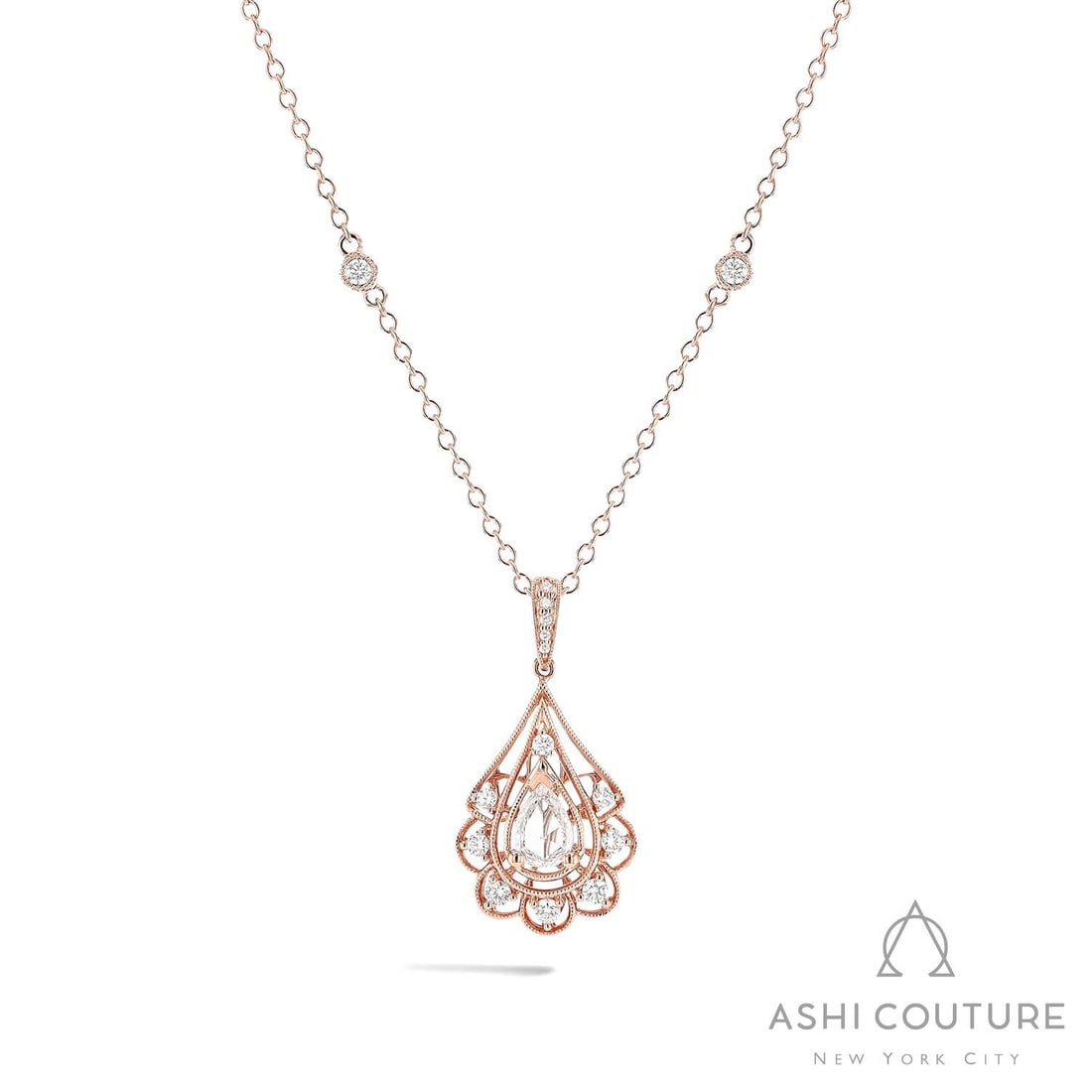 0.9 ctw Rose Cut Diamond Floral Drop 18K Rose Gold Pendant: Timeless and sophisticated, this elegant Floral Drop pendant featuring White Diamond radiates enduring beauty. The gemstones are nestled within a Halo framework, supported by a substantial 2.8 grams 1