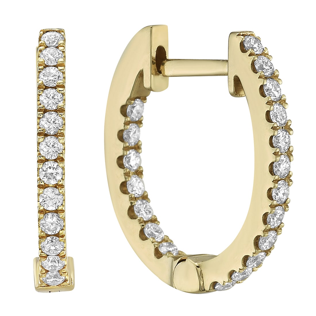 14k Yellow Gold Hoop Earrings with 0.42 ctw White Diamonds: Exuding sophistication, this exquisite pair of hoop earrings features dazzling Diamonds. Meticulously set in a secure arrangement, the earrings are crafted from 14k Yellow Gold. With a Modern design, 