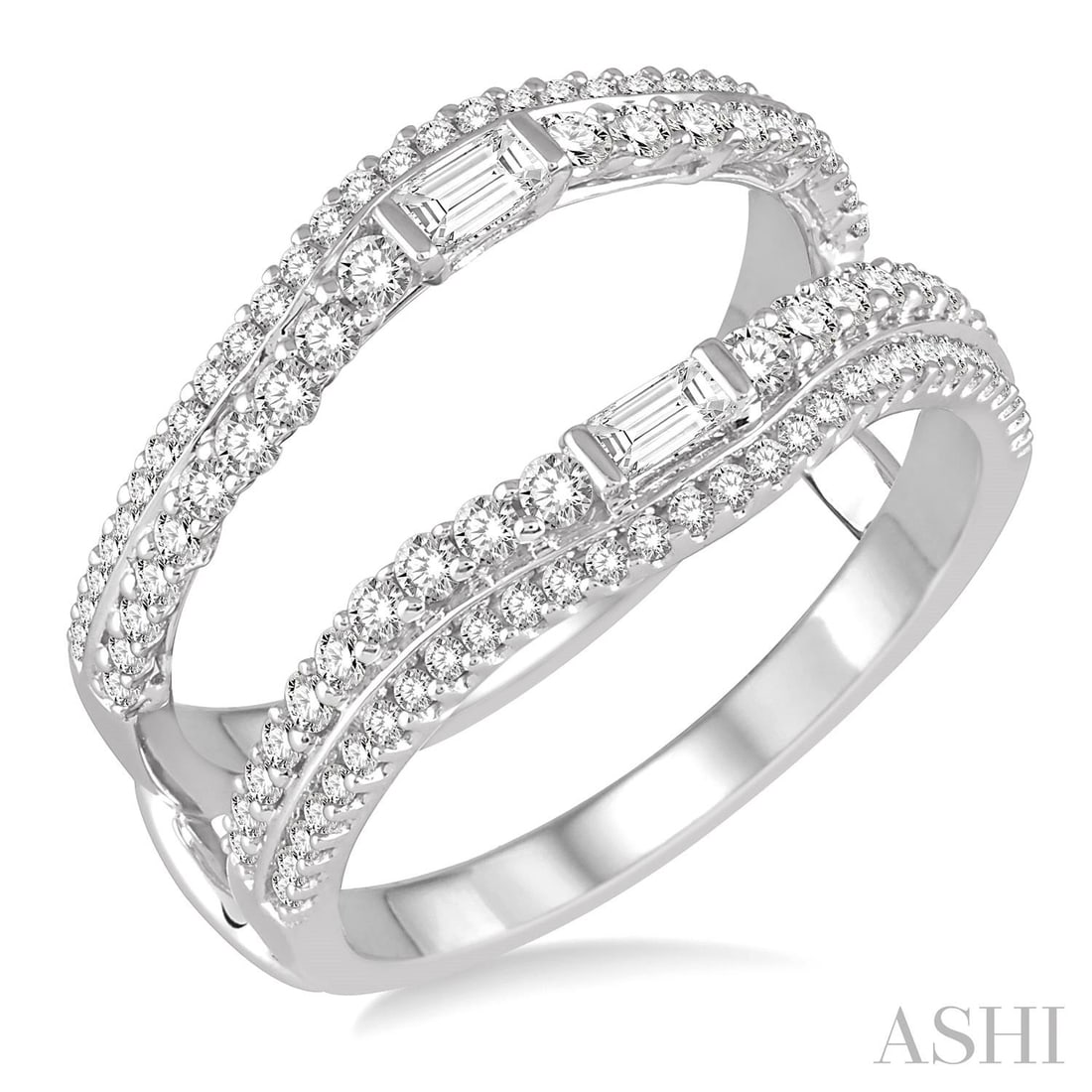 0.71 ctw Diamond Baguette & Round 14K White Gold Insert Ring: Exuding opulence and grace, this magnificent twin bands ring featuring Natural Diamonds is crafted for the distinguished. A detailed Insert/Enhancer gallery secures the stones, rendered in 4.9 grams o