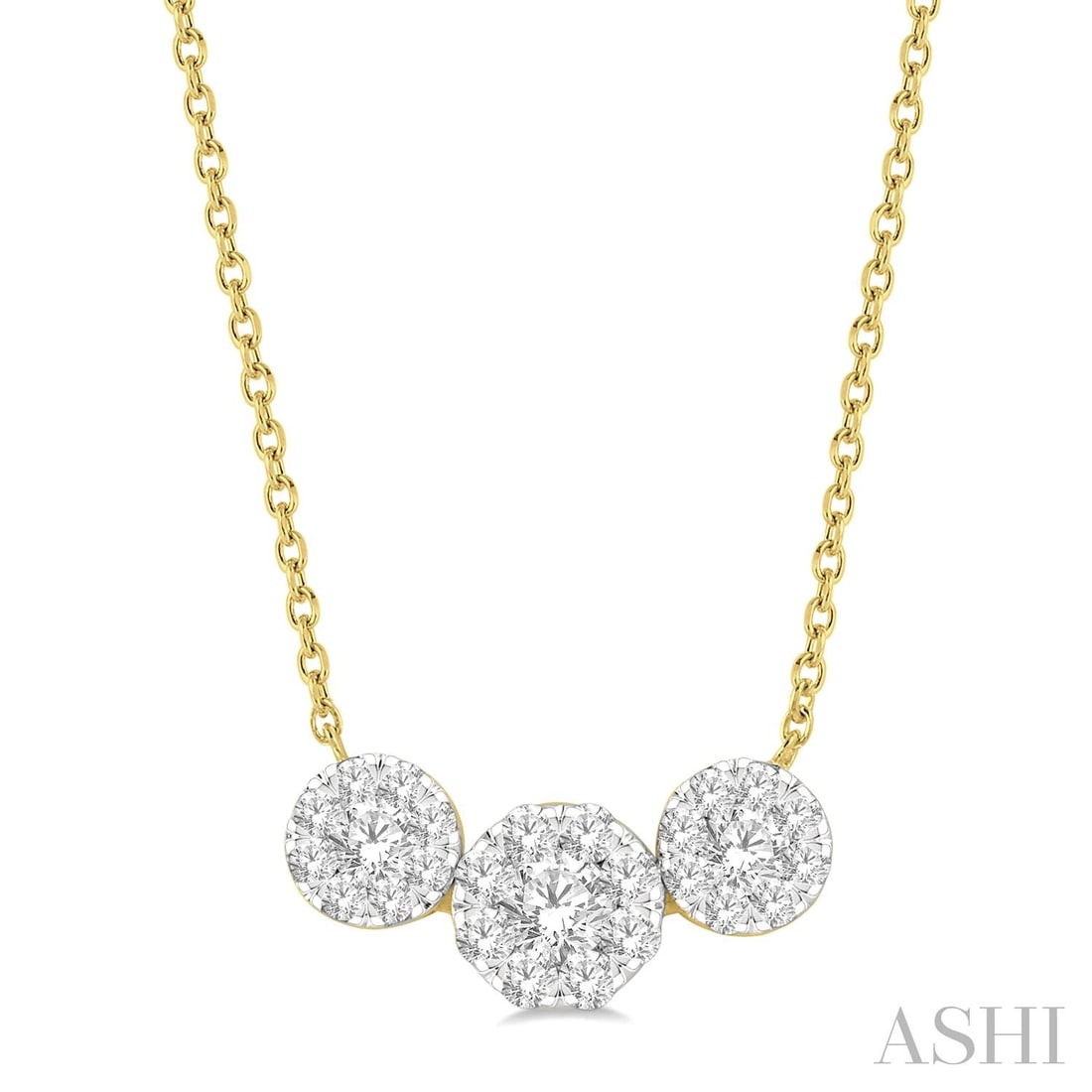 0.73 ctw Round Diamond 3-Stone Cluster 14K Yellow & White Gold Necklace: A vision of luxury, this magnificent 3-Stone Cluster necklace featuring White Diamond defines sophistication. The gemstones are nestled within a Three-Stone Cluster framework, supported by a substanti