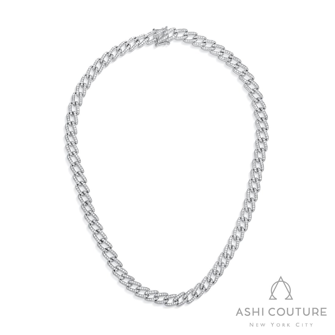 16 inch 6.87 ctw Diamond Pave Linq Cuban Link 18K White Gold Necklace: Defining modern elegance, this magnificent Cuban Link necklace featuring White Diamond captures the essence of style. The gemstones are nestled within a Pave framework, supported by a substantial 33.5