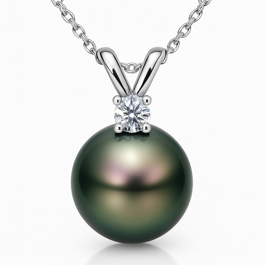 Elegant Black Pearl Pendant with 0.05 CT Diamond in 14K Gold: Exuding elegance, this pendant necklace features a captivating black pearl as its centerpiece, embodying sophistication. A round white diamond, weighing 0.05 carats, complements the pearl, set in a sl