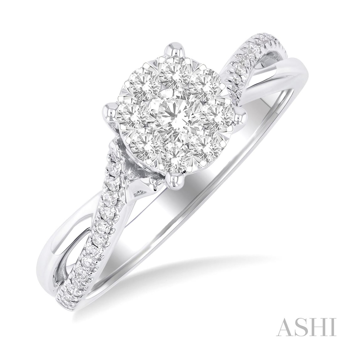 0.51 ctw Diamond Cluster Split Entwined Shank 14K White Gold Engagement Ring: Exuding opulence and grace, this stunning Cluster Split Entwined Shank ring featuring White Diamond is crafted for the distinguished. Crafted with precision, the Cluster setting is seamlessly integrat