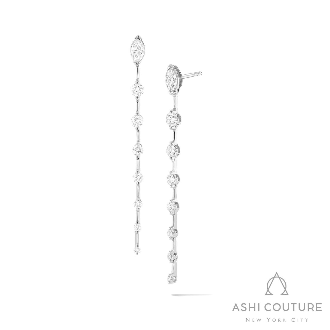 1.07 ctw Marquise & Round Diamond Drop 18k White Gold Earrings: Retail Value: $6,165 Timeless and sophisticated, this magnificent Bar Drop pair of earrings featuring White Diamond radiates enduring beauty. A detailed Drop gallery secures the stones, rendered in 2.