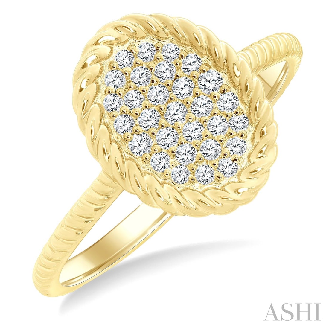 0.22 ctw Diamond Oval Cluster Rope Accent 10K Yellow Gold Fashion Ring: Rare and radiant, this magnificent Rope Accent ring featuring White Diamonds offers a touch of the extraordinary. A detailed Cluster gallery secures the stones, rendered in 2.3 grams of lustrous 10K Y