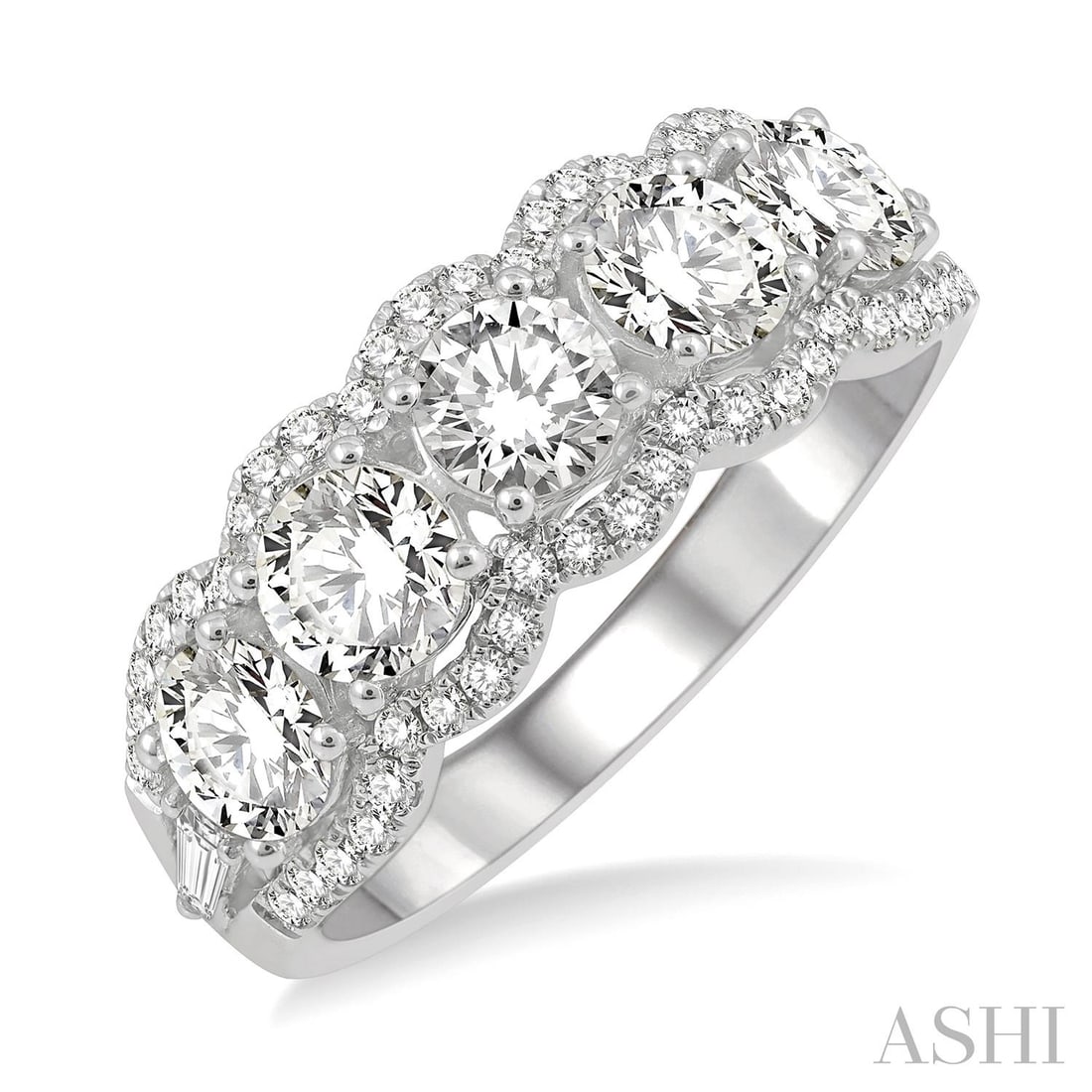 2.00 ctw Scalloped Edge Round and Baguette Diamond 14K White Gold Ring: A testament to superior craftsmanship, this magnificent Scalloped Edge ring featuring Natural Diamonds is unparalleled. Crafted with precision, the Five-Stone setting is seamlessly integrated into 3.1