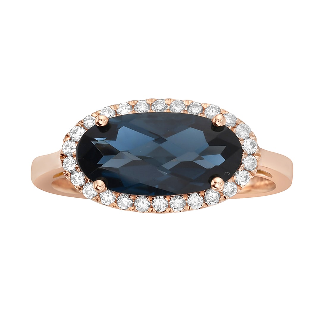 14k Rose Gold Halo Ring with 2.26ct Oval Blue Topaz: This exquisite Halo ring, featuring a captivating Blue Topaz, is crafted for the discerning. The centerpiece, a 2.26-carat blue gem, is elegantly surrounded by a halo of accent stones. Constructed fro